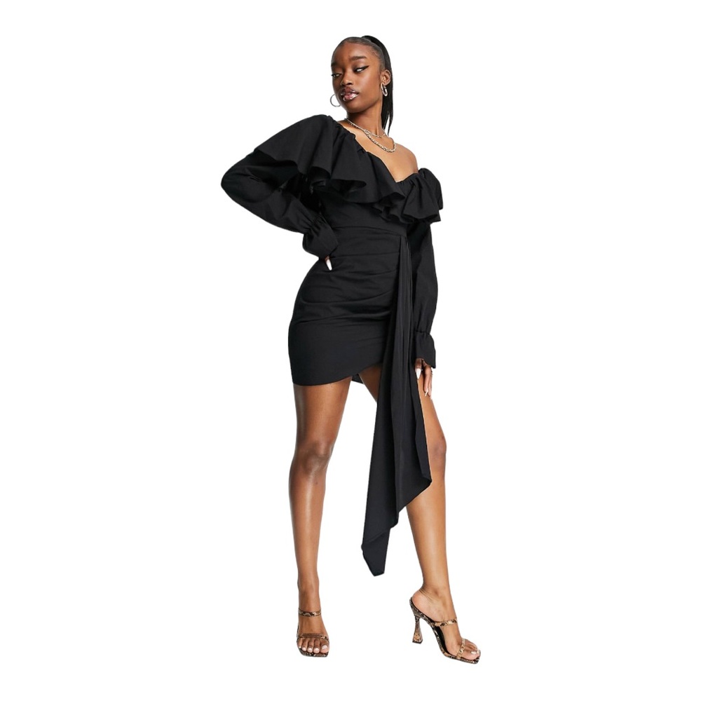 ASOS LUXE cotton dress with drape detail and ruffles in black